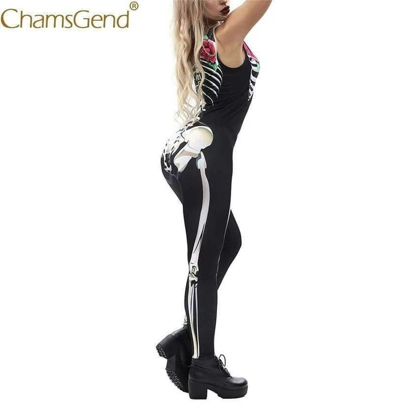 Frauen Rose Print Skeleton Horror Kostüm ärmellose dünne Overalls weibliche Cosplay Bodys 80814