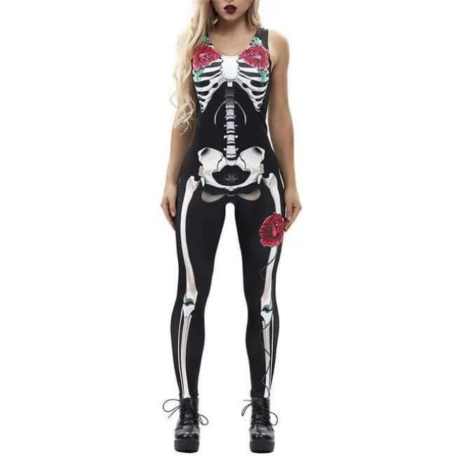Frauen Rose Print Skeleton Horror Kostüm ärmellose dünne Overalls weibliche Cosplay Bodys 80814