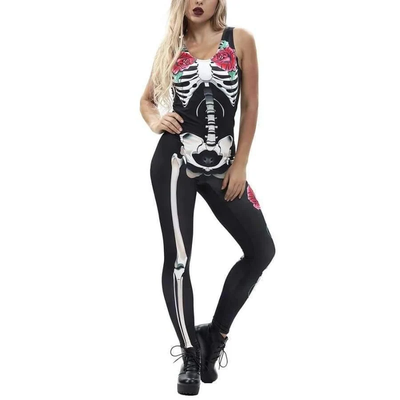 Frauen Rose Print Skeleton Horror Kostüm ärmellose dünne Overalls weibliche Cosplay Bodys 80814