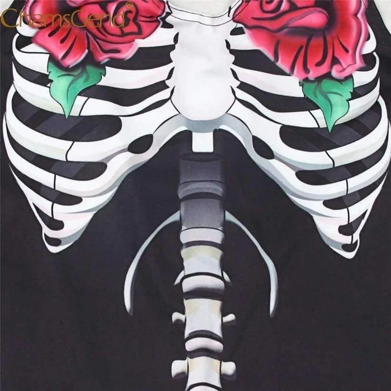 Frauen Rose Print Skeleton Horror Kostüm ärmellose dünne Overalls weibliche Cosplay Bodys 80814