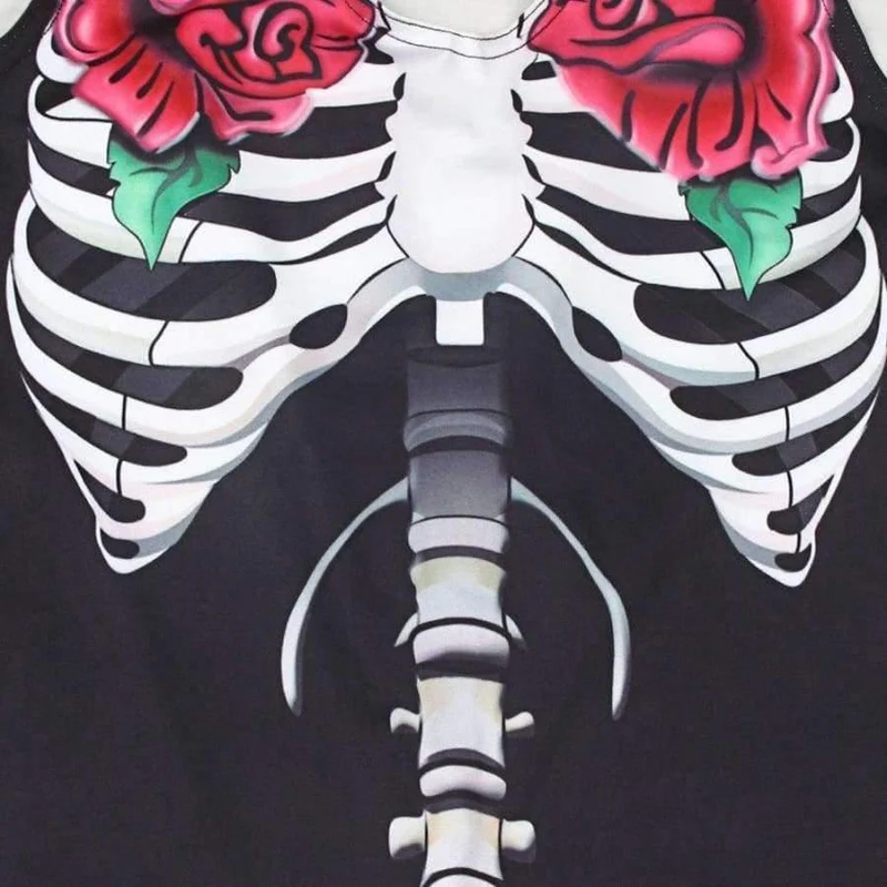 Frauen Rose Print Skeleton Horror Kostüm ärmellose dünne Overalls weibliche Cosplay Bodys 80814