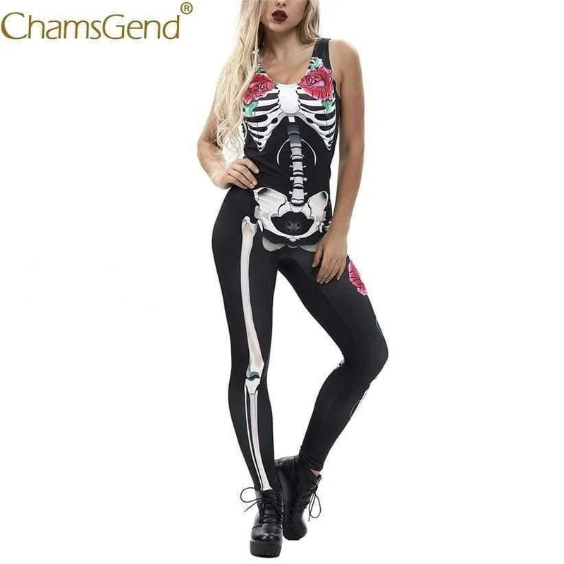 Frauen Rose Print Skeleton Horror Kostüm ärmellose dünne Overalls weibliche Cosplay Bodys 80814