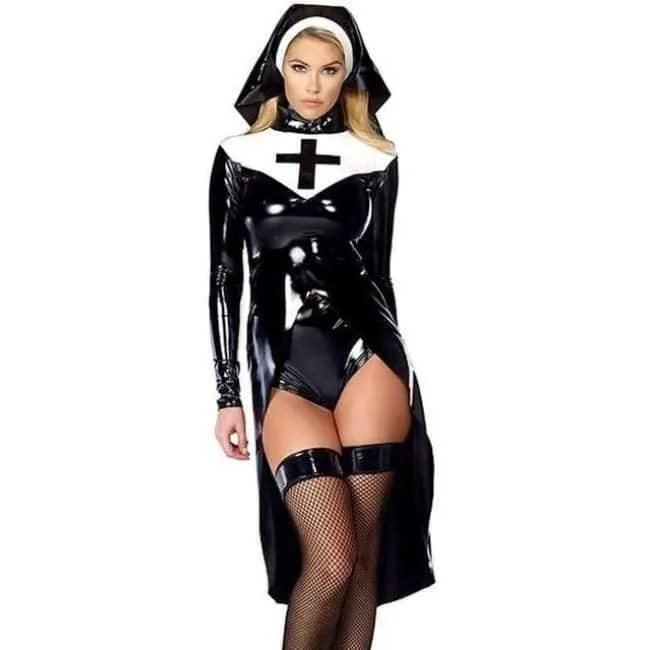 Halloween Cosplay M, L, XL Mode schwarze Frauen sexy Nonne Kostüm Vinyl Leder Cosplay Halloween Kostüm W850640