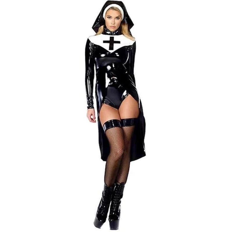 Halloween Cosplay M, L, XL Mode schwarze Frauen sexy Nonne Kostüm Vinyl Leder Cosplay Halloween Kostüm W850640