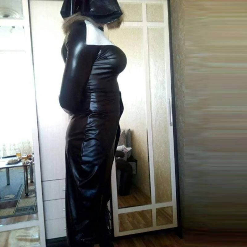 Halloween Cosplay M, L, XL Mode schwarze Frauen sexy Nonne Kostüm Vinyl Leder Cosplay Halloween Kostüm W850640