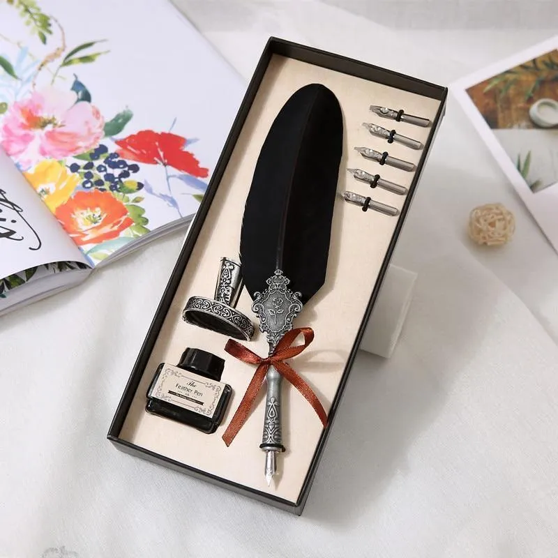 Federstift Türkei Federkiel Schreibtintenset Briefpapier Füllfederhalter Geschenkbox 5 Federn Hochzeit Geschäftsgeschenk