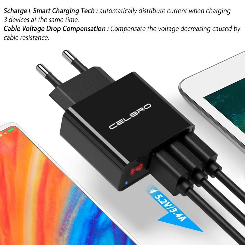 USB-Wandladegerät 3 Port 3.4a LED-Anzeige Universal-Reiseladegerät-Adapter für Handy iPhone Xiaomi iPad US-EU-Stecker