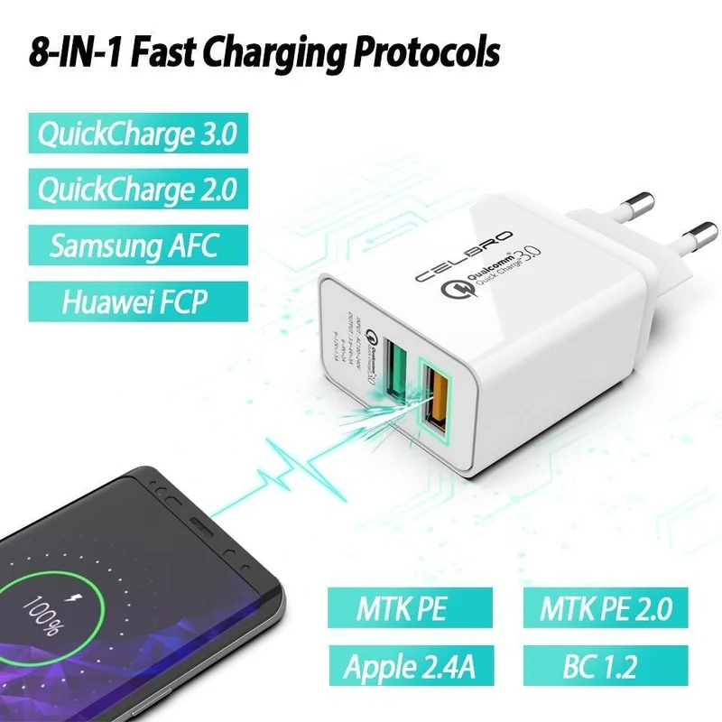 Adapter Quick Charge 3.0 2 Port Dual USB Schnellladegerät EU Stecker Reise Qualcomm Qc3.0 Aufladen für Handy