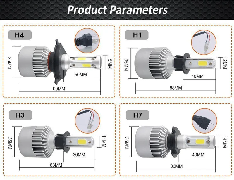 LED 4300K ​​S2 H4 H7 H1 COB LED Scheinwerfer Lampen H11 H13 12V 9005 9006 H3 9004 9007 9012 72W 8000LM Auto LED lampe 3000K 8000K 6500K
