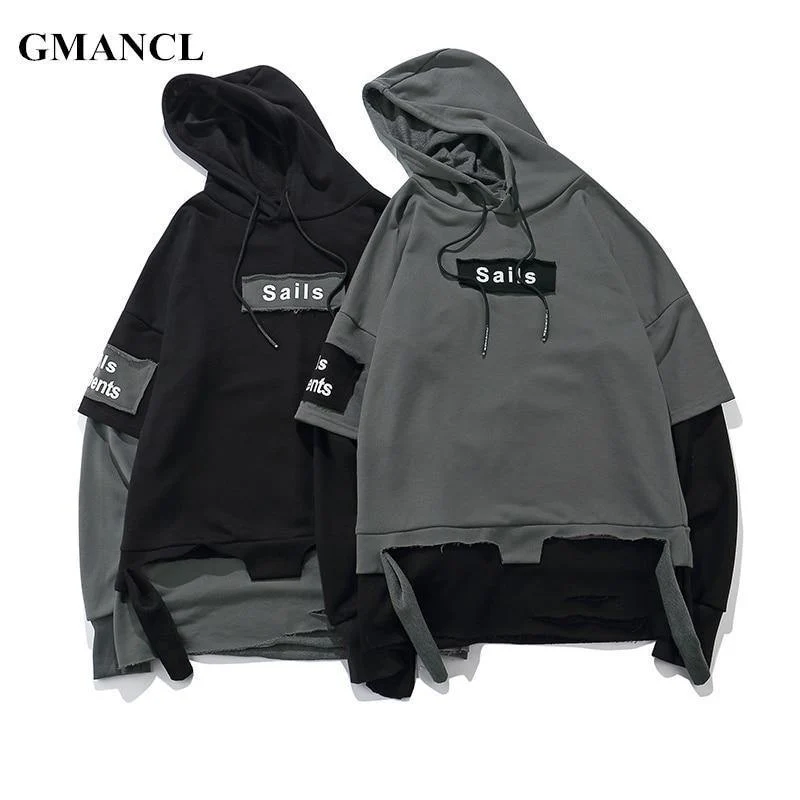 Pullover Männer Gefälschte zwei stücke Mit Kapuze hochwertige Sweatshirts Baumwolle Hip Hop Brief gedruckt Männer Band Übergroße Hoodies