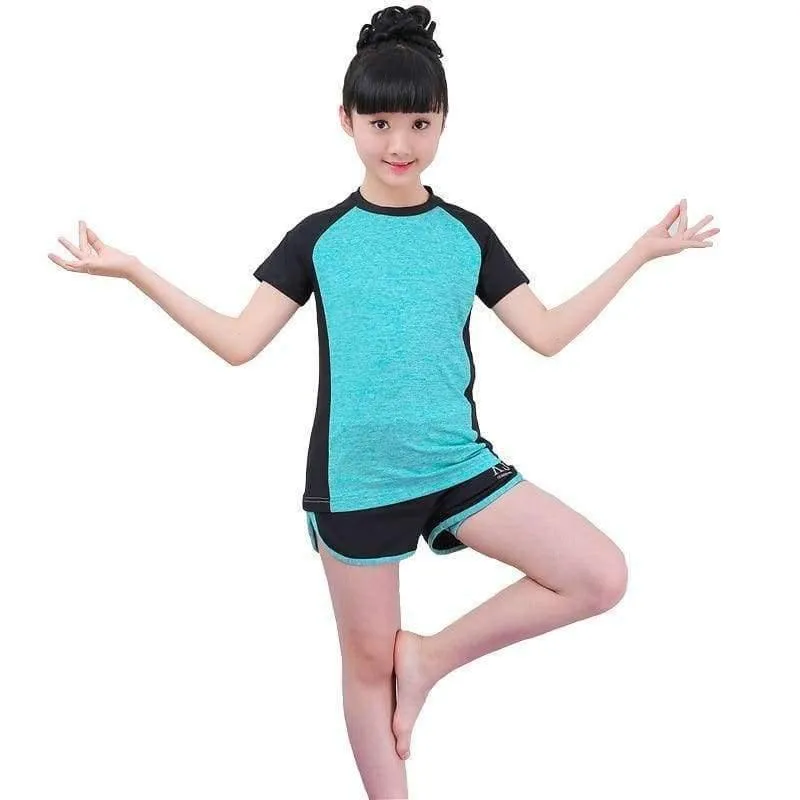 Sommer-Kind-Kleidung Set Kurzarmshirts + Shorts Mädchen-Sport-Anzug Fitness Yoga Teenager Anzug Set DQ860