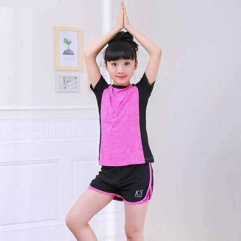 Sommer-Kind-Kleidung Set Kurzarmshirts + Shorts Mädchen-Sport-Anzug Fitness Yoga Teenager Anzug Set DQ860