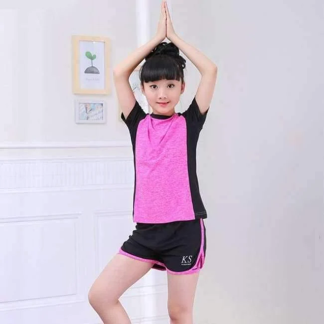 Sommer-Kind-Kleidung Set Kurzarmshirts + Shorts Mädchen-Sport-Anzug Fitness Yoga Teenager Anzug Set DQ860