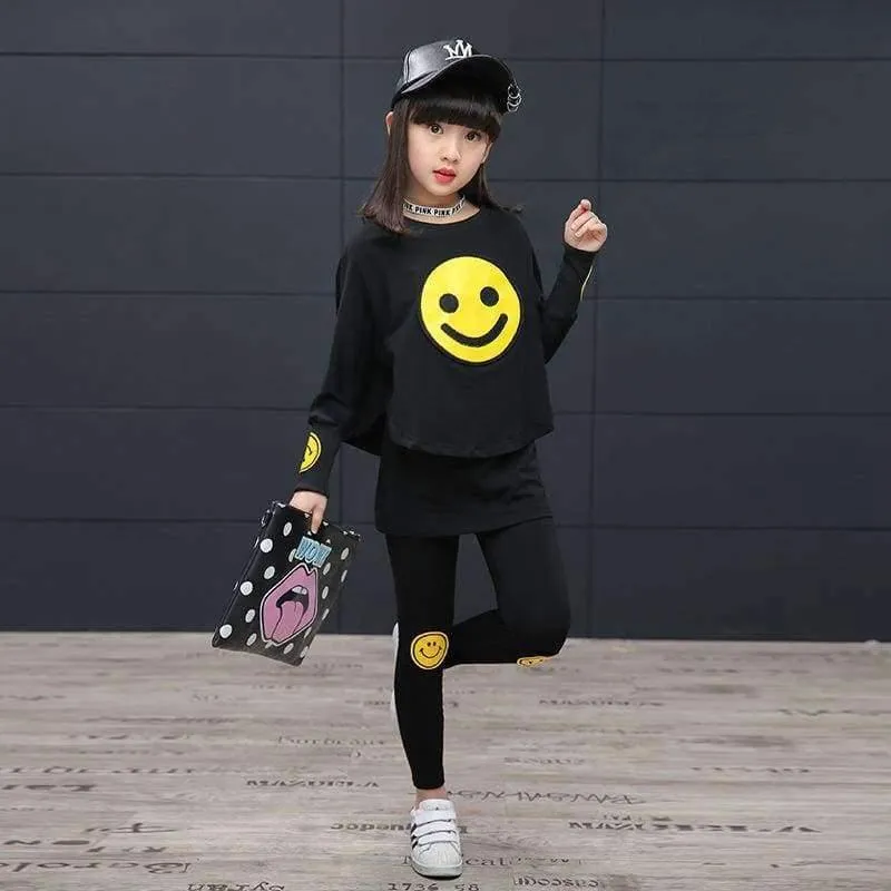 Kinder Mädchen Kleidung Set Herbst Teenager Mädchen Sport Anzug Cartoon Smiley Gesichter Chool Kinder Trainingsanzug 4 ~ 12T Mädchen Kleidung