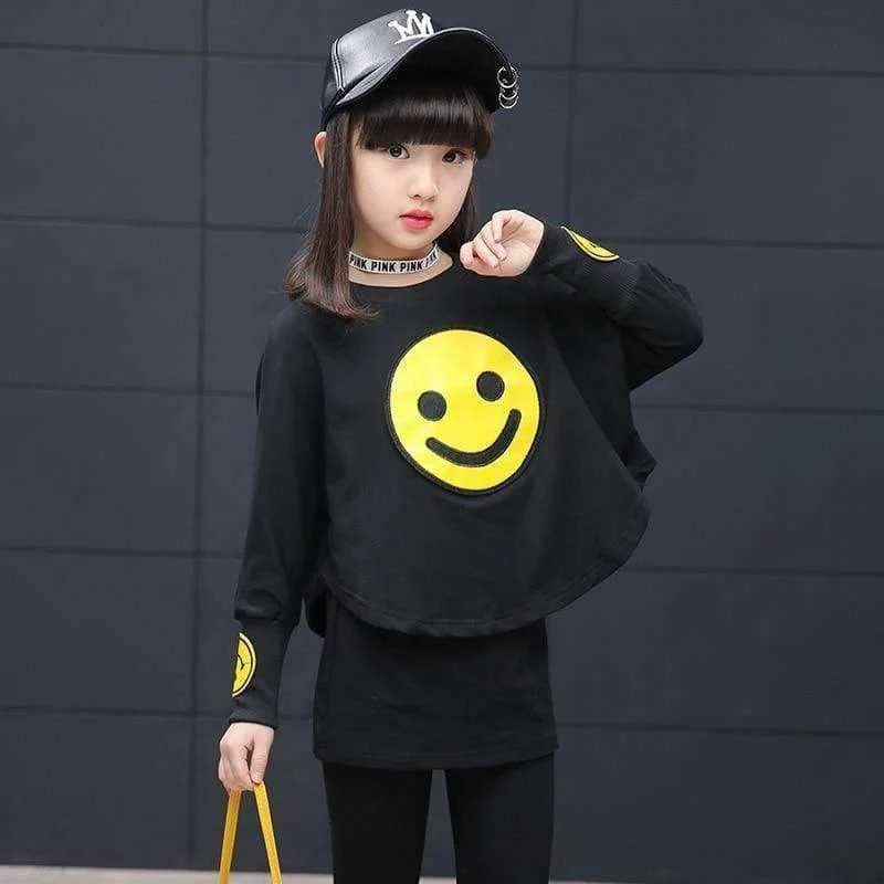 Kinder Mädchen Kleidung Set Herbst Teenager Mädchen Sport Anzug Cartoon Smiley Gesichter Chool Kinder Trainingsanzug 4 ~ 12T Mädchen Kleidung