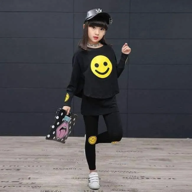 Kinder Mädchen Kleidung Set Herbst Teenager Mädchen Sport Anzug Cartoon Smiley Gesichter Chool Kinder Trainingsanzug 4 ~ 12T Mädchen Kleidung