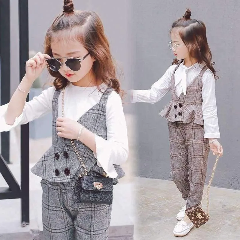 Herbst Mädchen Kleidung Sets Kinder Plaid Hosenträger Weste Jacken + Hose 2 teile/sätze Trainingsanzug Kinder Teenager England Anzug Sport anzug