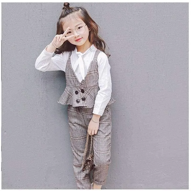 Herbst Mädchen Kleidung Sets Kinder Plaid Hosenträger Weste Jacken + Hose 2 teile/sätze Trainingsanzug Kinder Teenager England Anzug Sport anzug
