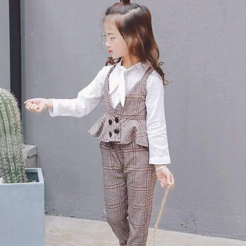 Herbst Mädchen Kleidung Sets Kinder Plaid Hosenträger Weste Jacken + Hose 2 teile/sätze Trainingsanzug Kinder Teenager England Anzug Sport anzug