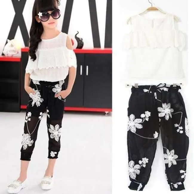 Kindermode Mädchen Kleidung Sets 2 Stück Weiße Spitzenbluse Top & Schwarze Blumen Hosen Set für Mädchen im Teenageralter Kleidung Set
