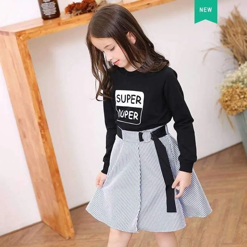 Mode Mädchen Trainingsanzüge Langarm Schwarz T Shirt + Gürtel Streifen Röcke Kleinkind Teenager Mädchen Kleidung Set Schule 6 8 10 12 14