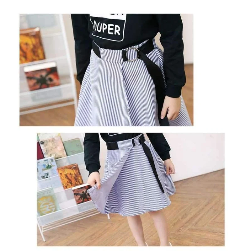 Mode Mädchen Trainingsanzüge Langarm Schwarz T Shirt + Gürtel Streifen Röcke Kleinkind Teenager Mädchen Kleidung Set Schule 6 8 10 12 14