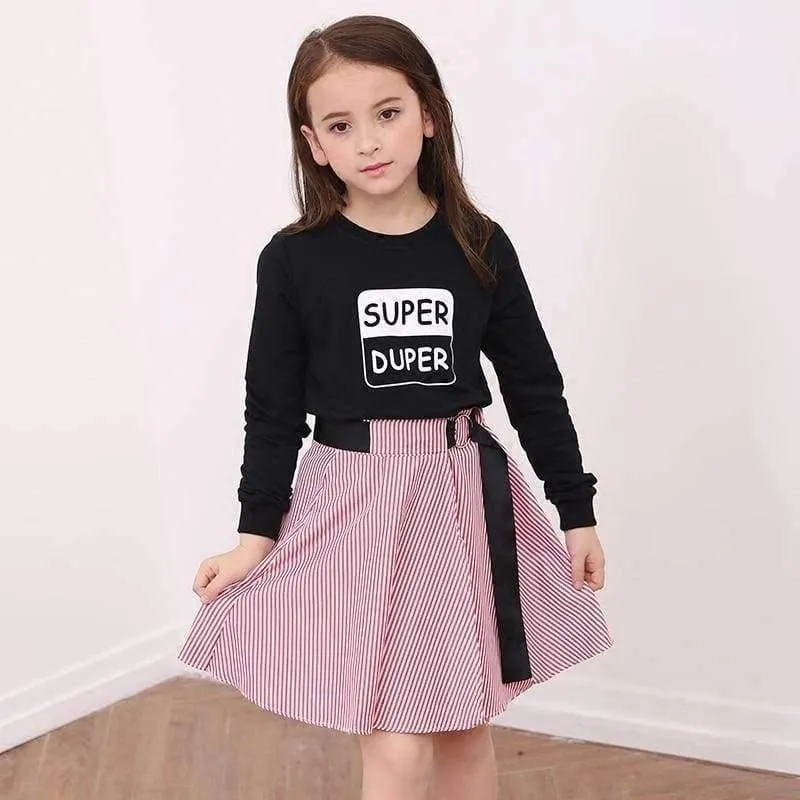 Mode Mädchen Trainingsanzüge Langarm Schwarz T Shirt + Gürtel Streifen Röcke Kleinkind Teenager Mädchen Kleidung Set Schule 6 8 10 12 14