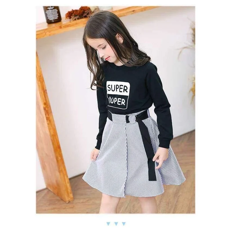 Mode Mädchen Trainingsanzüge Langarm Schwarz T Shirt + Gürtel Streifen Röcke Kleinkind Teenager Mädchen Kleidung Set Schule 6 8 10 12 14