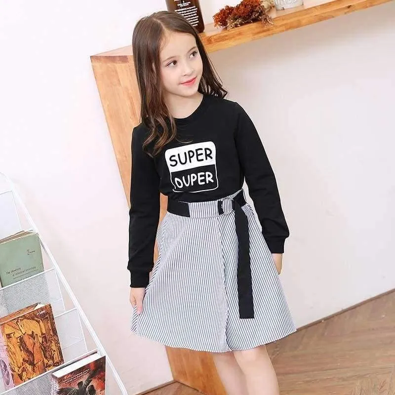 Mode Mädchen Trainingsanzüge Langarm Schwarz T Shirt + Gürtel Streifen Röcke Kleinkind Teenager Mädchen Kleidung Set Schule 6 8 10 12 14