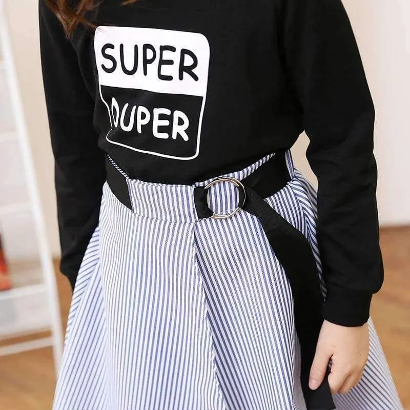 Mode Mädchen Trainingsanzüge Langarm Schwarz T Shirt + Gürtel Streifen Röcke Kleinkind Teenager Mädchen Kleidung Set Schule 6 8 10 12 14