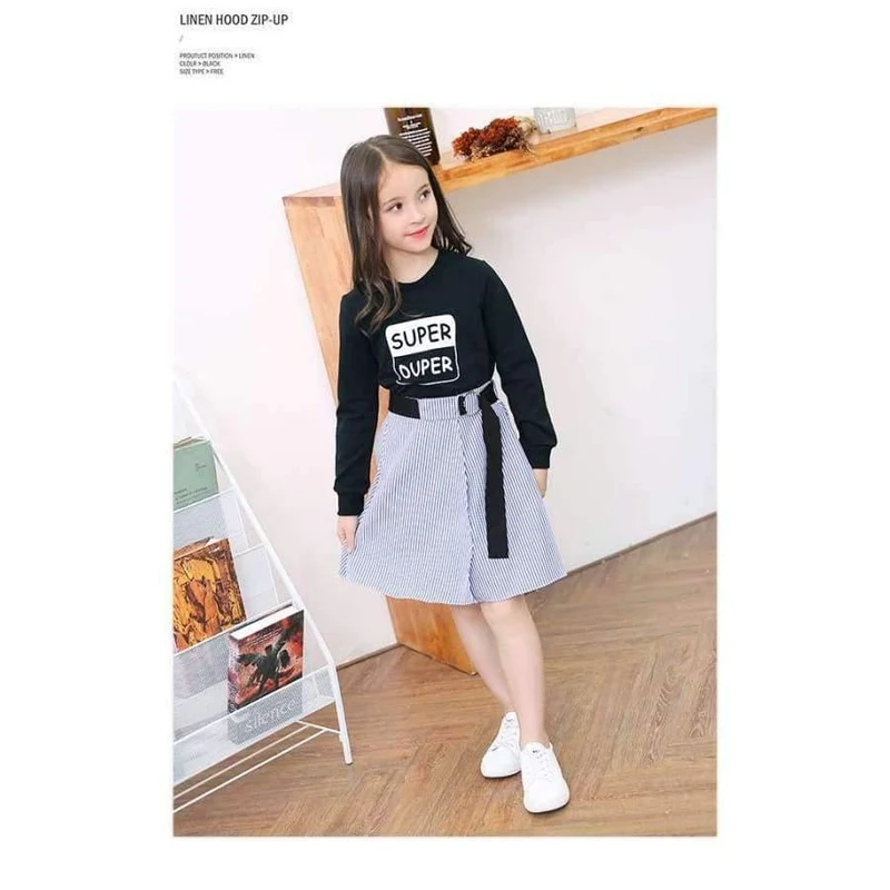 Mode Mädchen Trainingsanzüge Langarm Schwarz T Shirt + Gürtel Streifen Röcke Kleinkind Teenager Mädchen Kleidung Set Schule 6 8 10 12 14