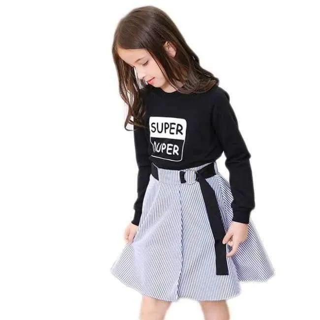 Mode Mädchen Trainingsanzüge Langarm Schwarz T Shirt + Gürtel Streifen Röcke Kleinkind Teenager Mädchen Kleidung Set Schule 6 8 10 12 14