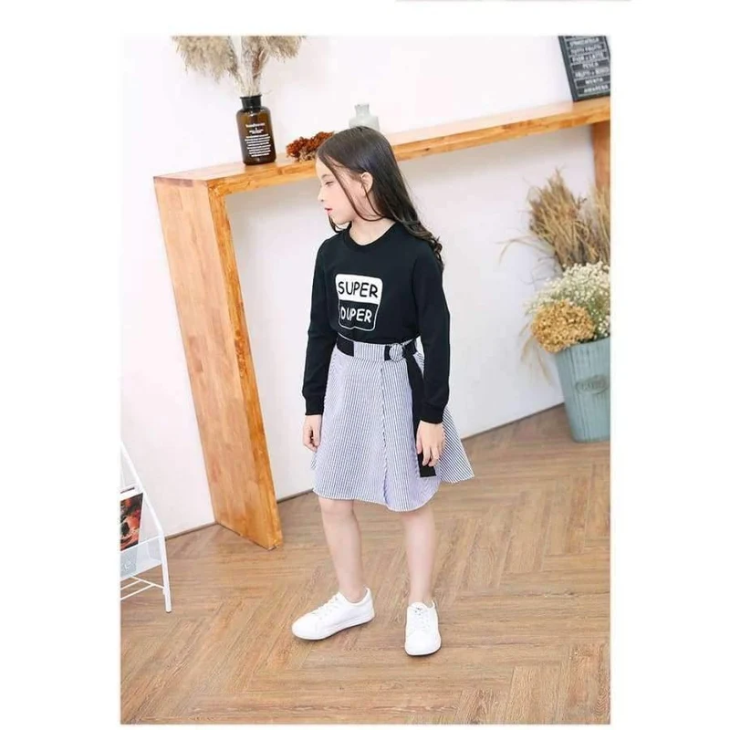 Mode Mädchen Trainingsanzüge Langarm Schwarz T Shirt + Gürtel Streifen Röcke Kleinkind Teenager Mädchen Kleidung Set Schule 6 8 10 12 14