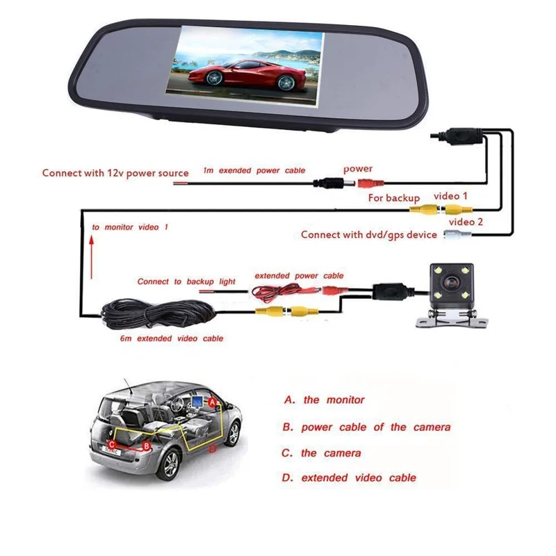 4.3-Zoll-Auto-Rückspiegel-Monitor, automatisches Parksystem + LED-Nachtsicht-Rückfahrkamera, CCD-Auto-Rückfahrkamera