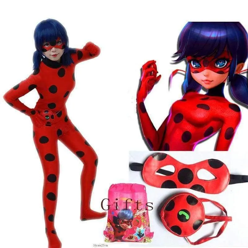 Marienkäfer Kinder Kostüme Mädchen Frauen Kinder Mädchen Miraculous Ladybug Girl Halloween Kostüm mit Brille und Taschen