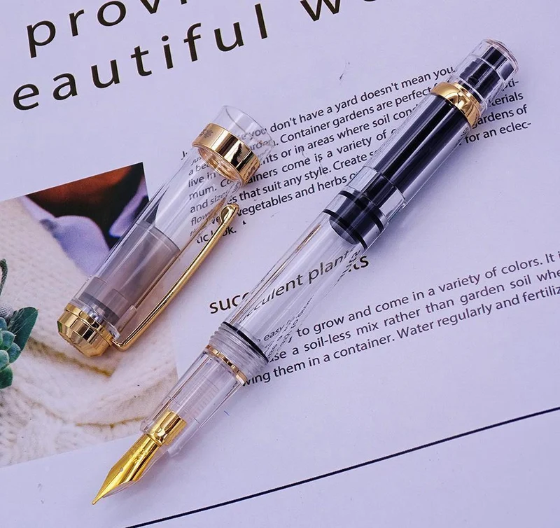 Füllfederhalter, transparenter Kolben, Wing Sung-Tintenstift, Iridium, 0.38/0.5 mm, Gold/Silber-Clip mit Geschenkbox, Bürostift