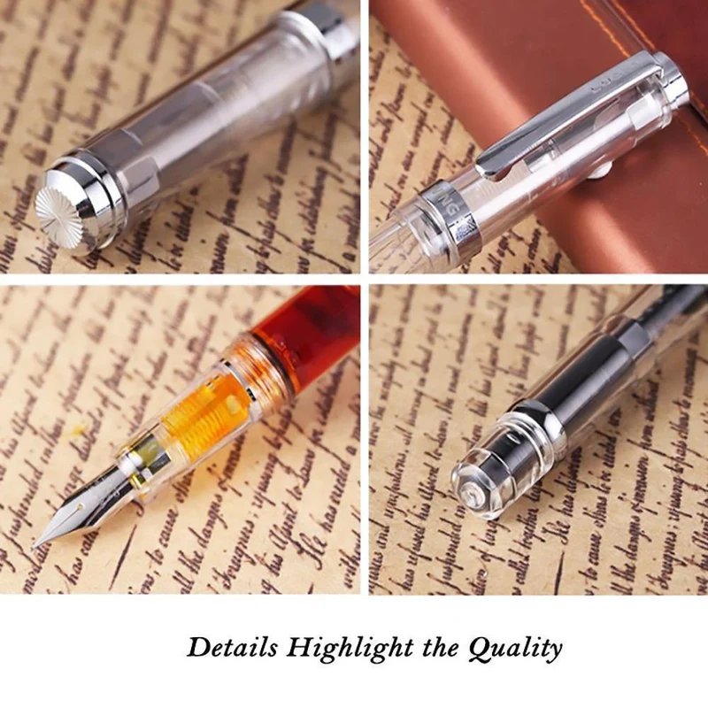 Füllfederhalter, transparenter Kolben, Wing Sung-Tintenstift, Iridium, 0.38/0.5 mm, Gold/Silber-Clip mit Geschenkbox, Bürostift