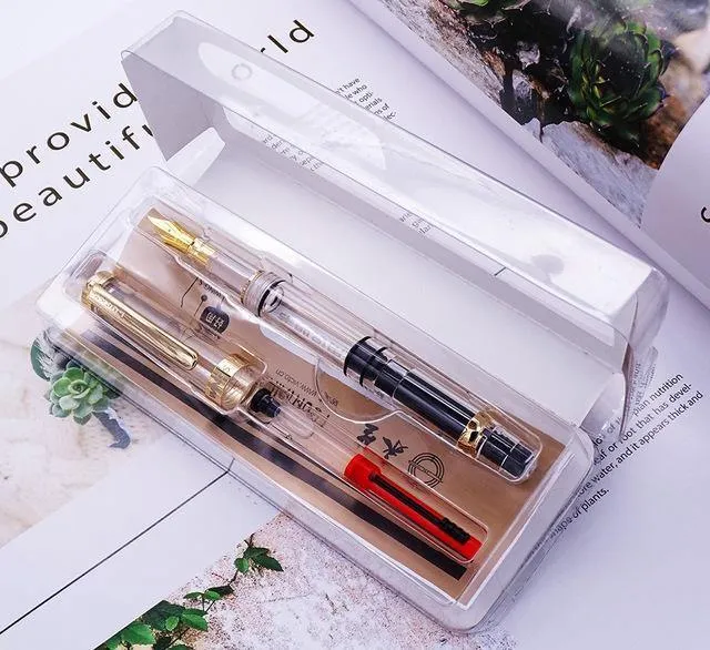 Füllfederhalter, transparenter Kolben, Wing Sung-Tintenstift, Iridium, 0.38/0.5 mm, Gold/Silber-Clip mit Geschenkbox, Bürostift
