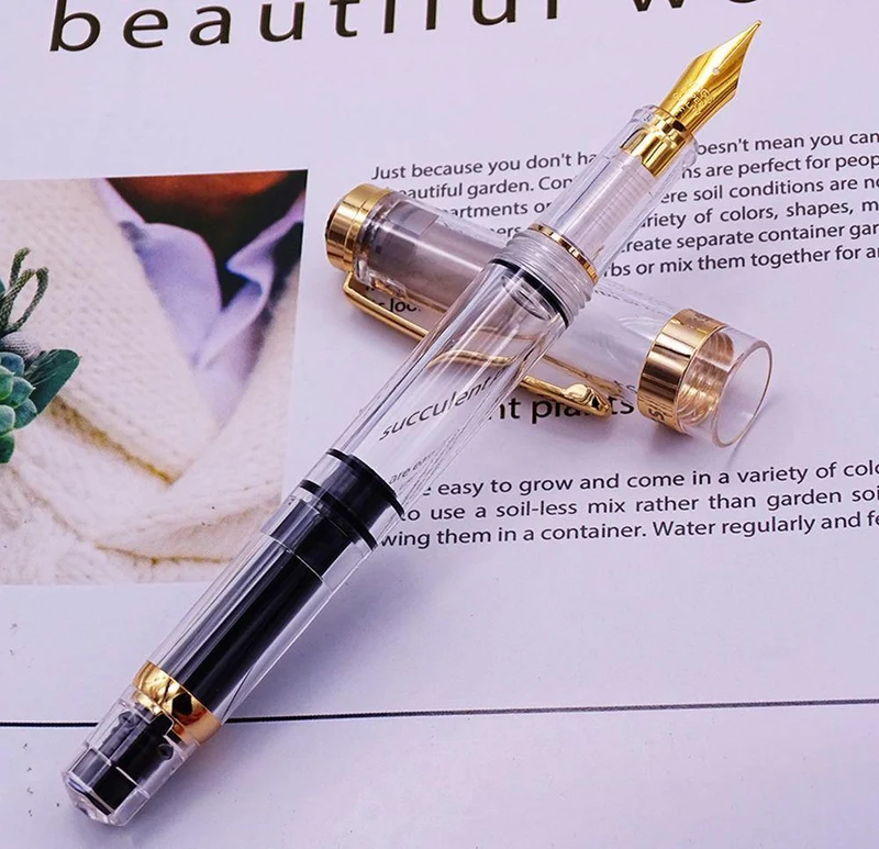 Füllfederhalter, transparenter Kolben, Wing Sung-Tintenstift, Iridium, 0.38/0.5 mm, Gold/Silber-Clip mit Geschenkbox, Bürostift