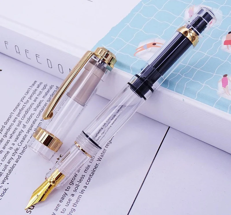 Füllfederhalter, transparenter Kolben, Wing Sung-Tintenstift, Iridium, 0.38/0.5 mm, Gold/Silber-Clip mit Geschenkbox, Bürostift