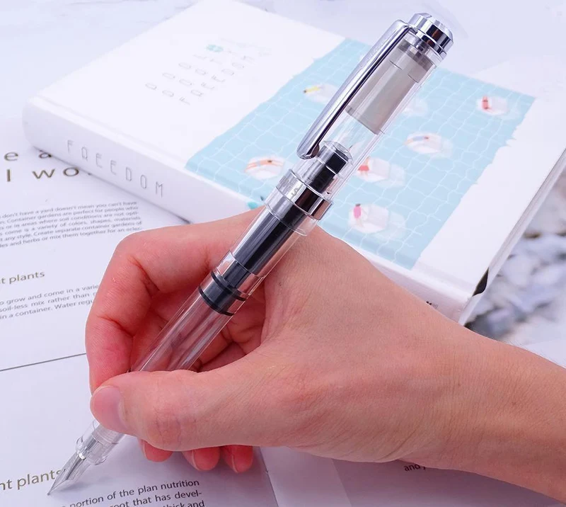 Füllfederhalter, transparenter Kolben, Wing Sung-Tintenstift, Iridium, 0.38/0.5 mm, Gold/Silber-Clip mit Geschenkbox, Bürostift