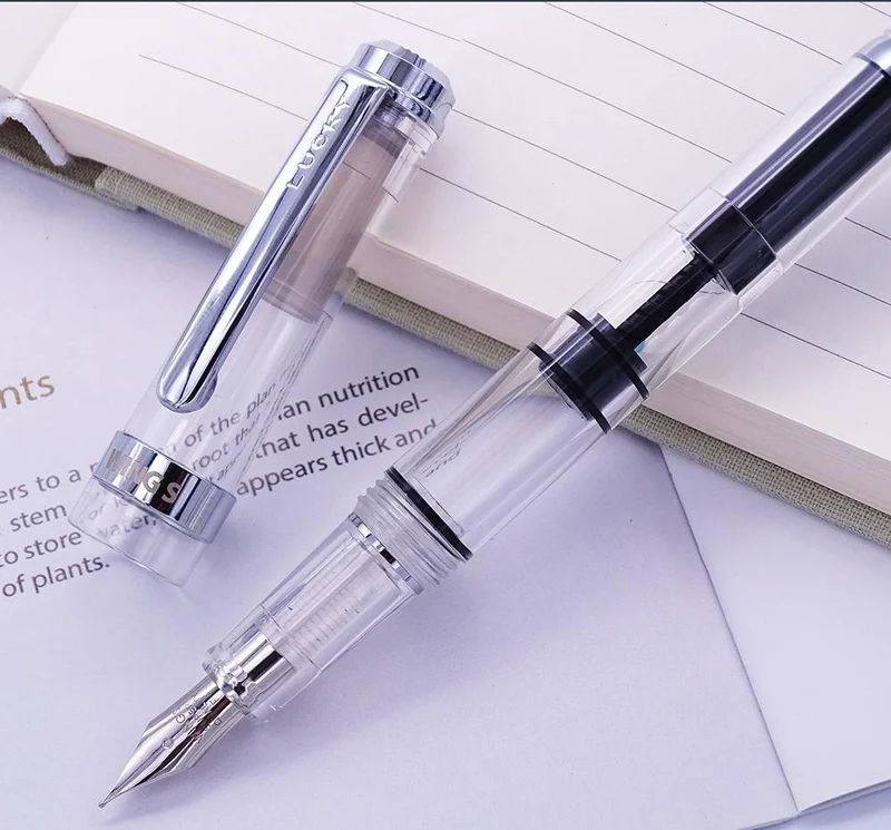 Füllfederhalter, transparenter Kolben, Wing Sung-Tintenstift, Iridium, 0.38/0.5 mm, Gold/Silber-Clip mit Geschenkbox, Bürostift