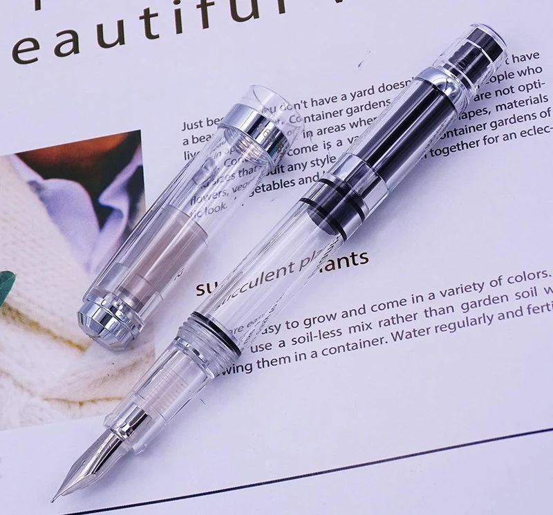 Füllfederhalter, transparenter Kolben, Wing Sung-Tintenstift, Iridium, 0.38/0.5 mm, Gold/Silber-Clip mit Geschenkbox, Bürostift