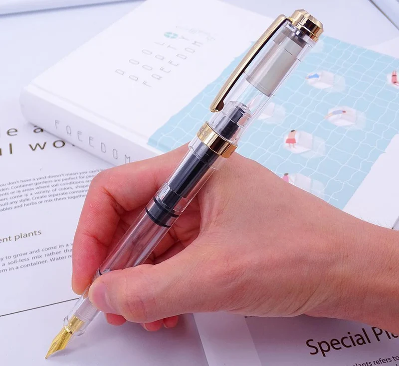 Füllfederhalter, transparenter Kolben, Wing Sung-Tintenstift, Iridium, 0.38/0.5 mm, Gold/Silber-Clip mit Geschenkbox, Bürostift