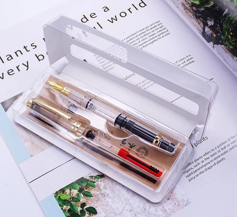 Füllfederhalter, transparenter Kolben, Wing Sung-Tintenstift, Iridium, 0.38/0.5 mm, Gold/Silber-Clip mit Geschenkbox, Bürostift