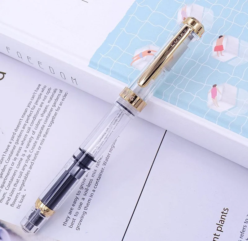 Füllfederhalter, transparenter Kolben, Wing Sung-Tintenstift, Iridium, 0.38/0.5 mm, Gold/Silber-Clip mit Geschenkbox, Bürostift