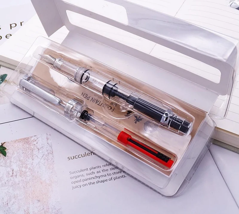 Füllfederhalter, transparenter Kolben, Wing Sung-Tintenstift, Iridium, 0.38/0.5 mm, Gold/Silber-Clip mit Geschenkbox, Bürostift