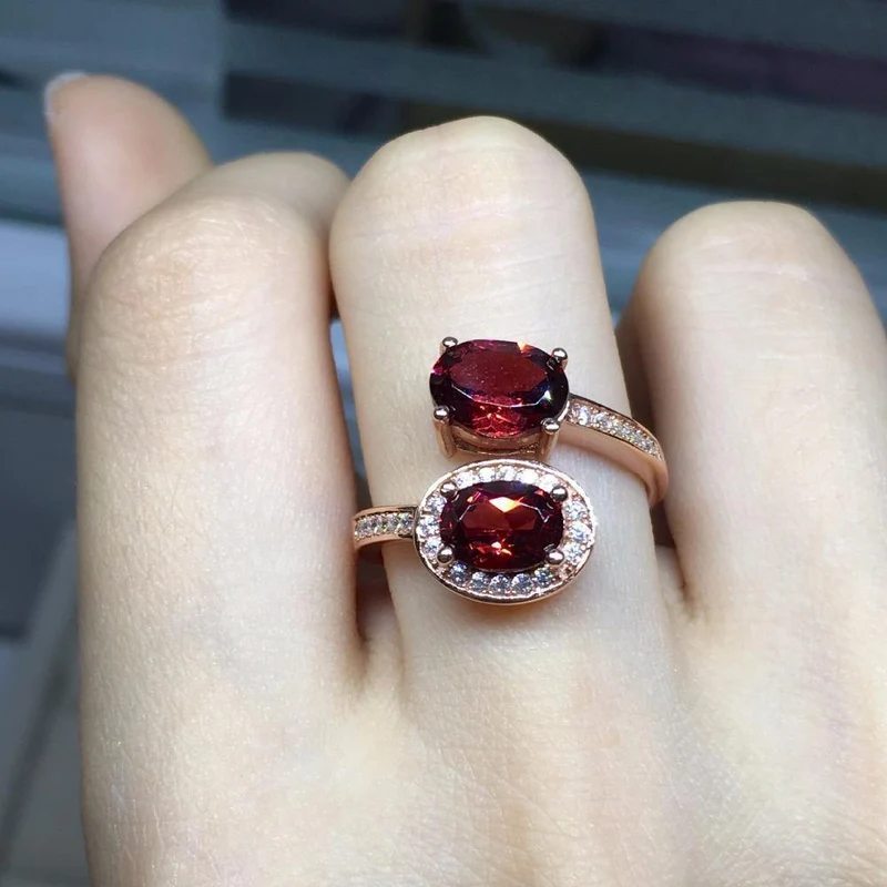 Natürlicher roter Granat-Edelstein, trendiger Ring für Damen, echter 925er-Sterlingsilber-Charm, feiner Schmuck