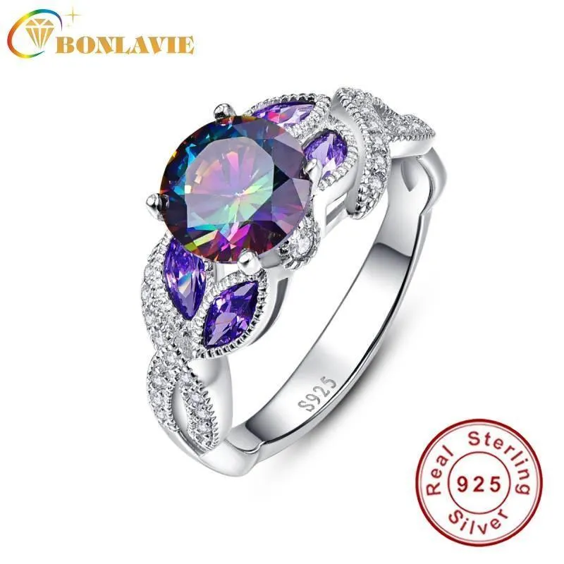 Mystische Regenbogentopas-Ringe aus 925er-Sterlingsilber mit Saphir-Akzentstein, modisches Design, Verlobung
