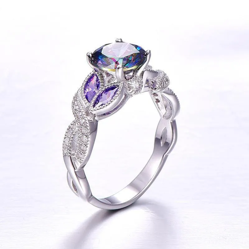 Mystische Regenbogentopas-Ringe aus 925er-Sterlingsilber mit Saphir-Akzentstein, modisches Design, Verlobung